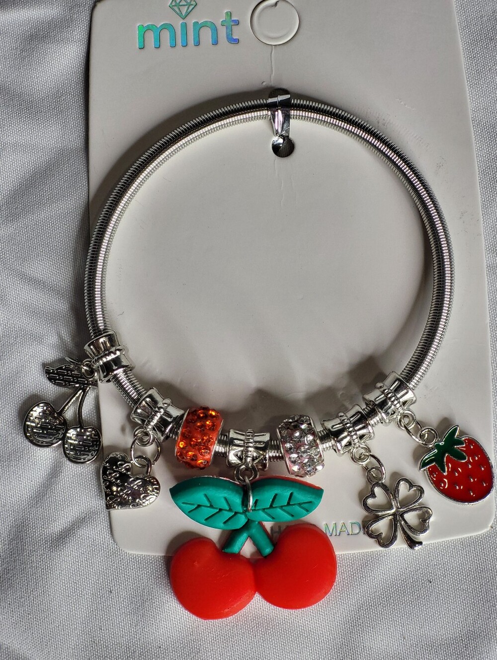 Mint Silver Charm Bangle Bracelet with Red Cherry & Teal Leaf Accents